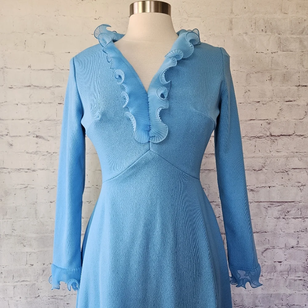 Vintage 70s Sky Blue Micropleat Ruffle Long Sleeve Maxi Dress ILGWU Madein USA - Picture 3 of 12